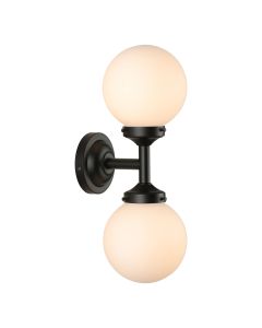 Buckley 2 Light Bathroom Wall Light Black and Opal Glass IP44