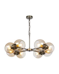 Juno 8 Light Pendant Antique Brass and Amber Glass